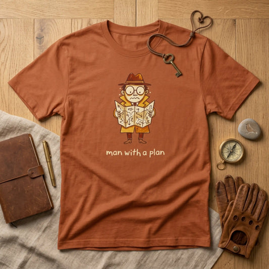 Man With a Plan T-Shirt — Cute Confused Detective Map Graphic Tee