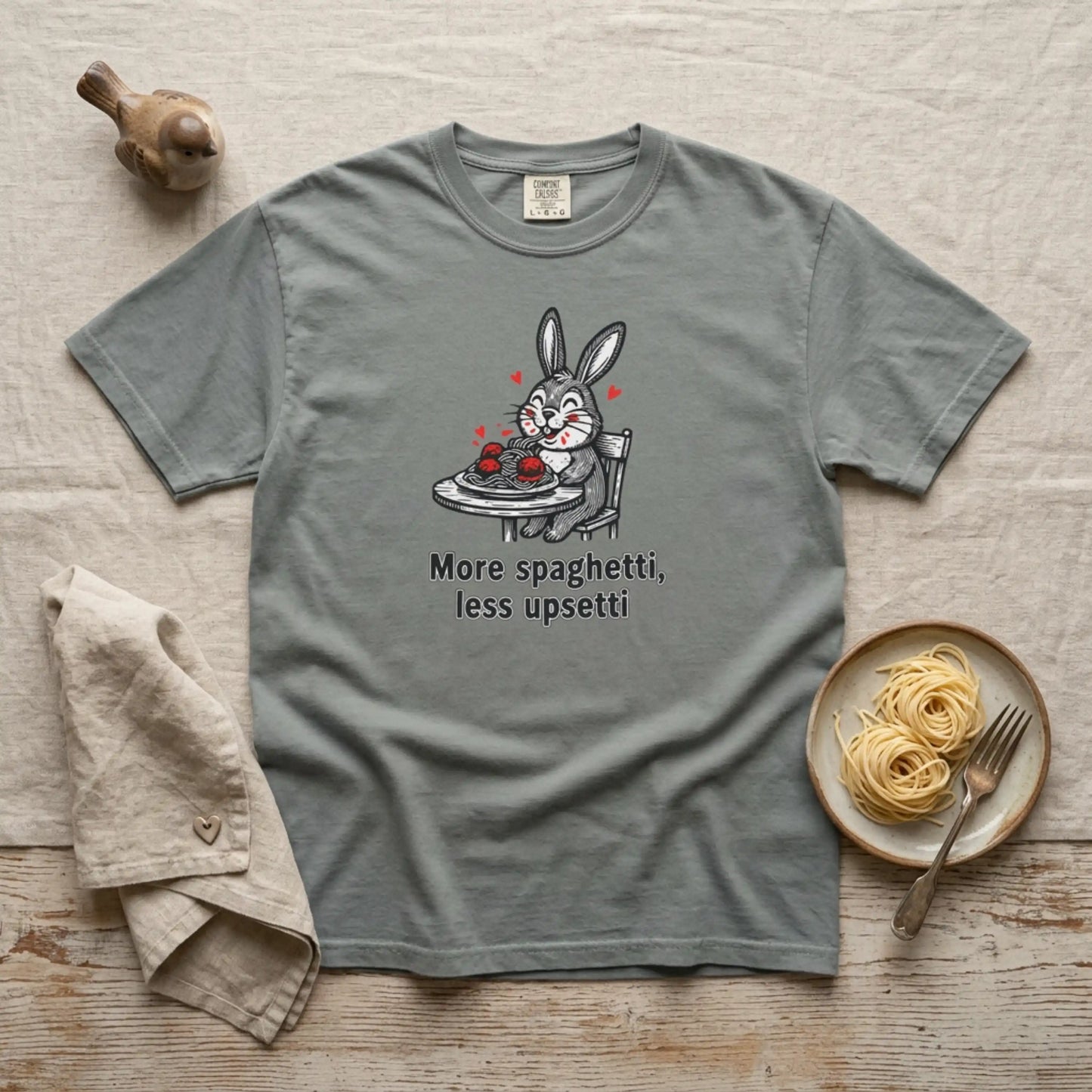 More Spaghetti Less Upsetti T-Shirt — Cute Bunny Pasta Graphic Tee