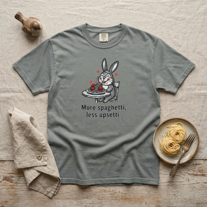 More Spaghetti Less Upsetti T-Shirt — Cute Bunny Pasta Graphic Tee