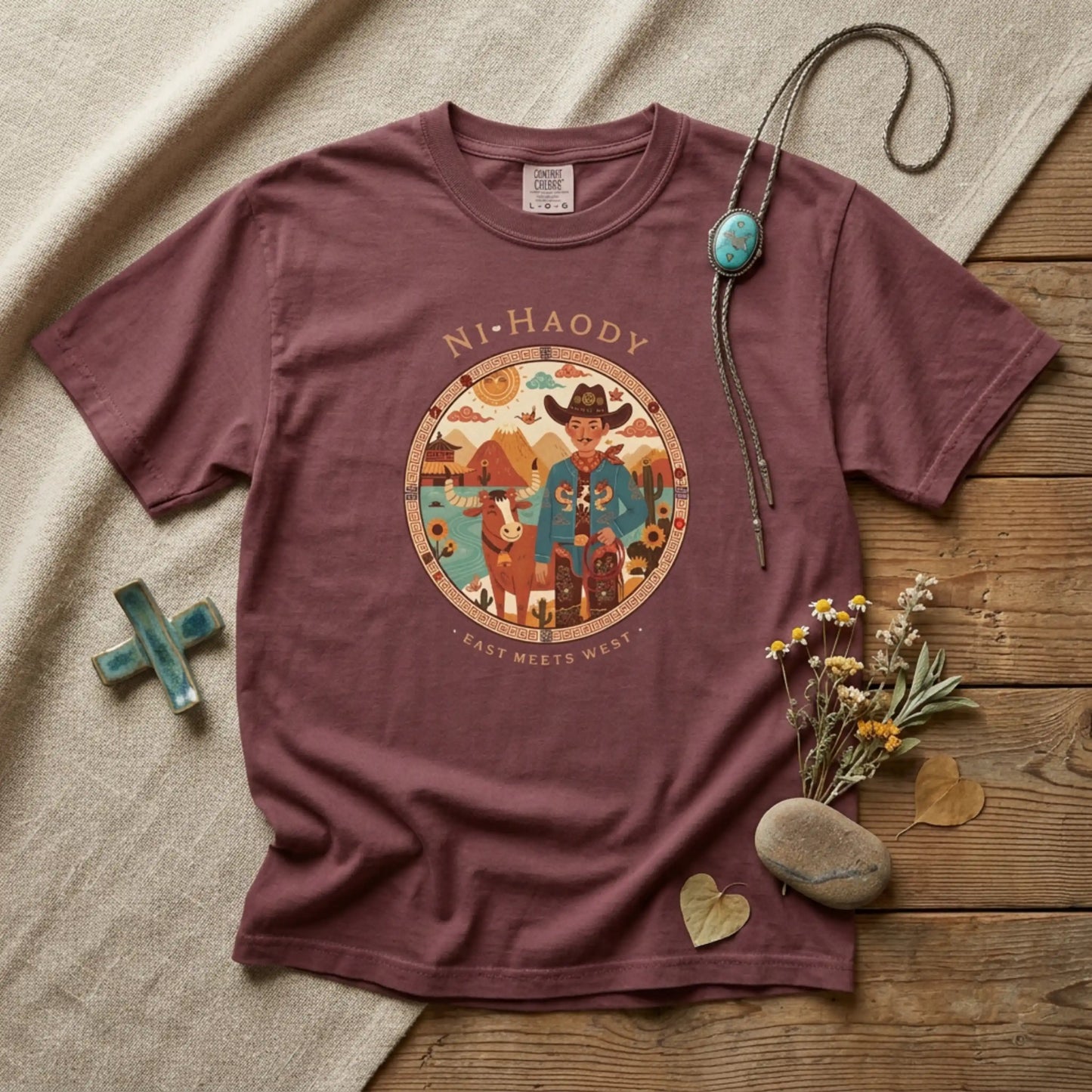 "Ni-Haody. Easts Meets West" Asian Cowboy Camp Graphic T-Shirt — Western Illustration Tee