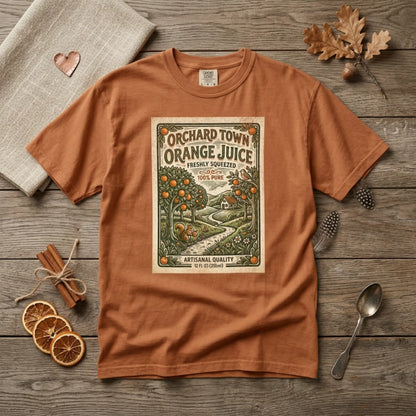 Orchard Town Orange Juice T-Shirt - Vintage Linocut Graphic Tee