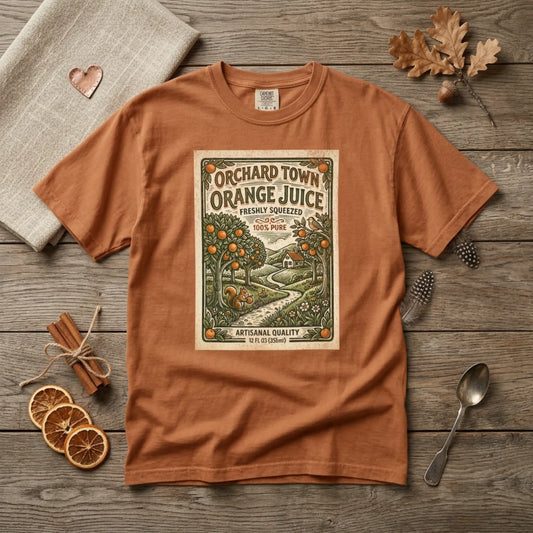Orchard Town Orange Juice T-Shirt - Vintage Linocut Graphic Tee
