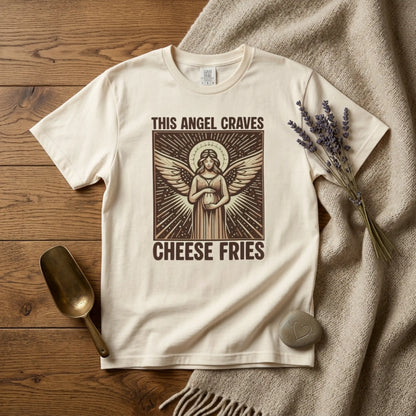 "This Angel Craves Cheese Fries" T-Shirt — Vintage Pregnant Angel Graphic Tee