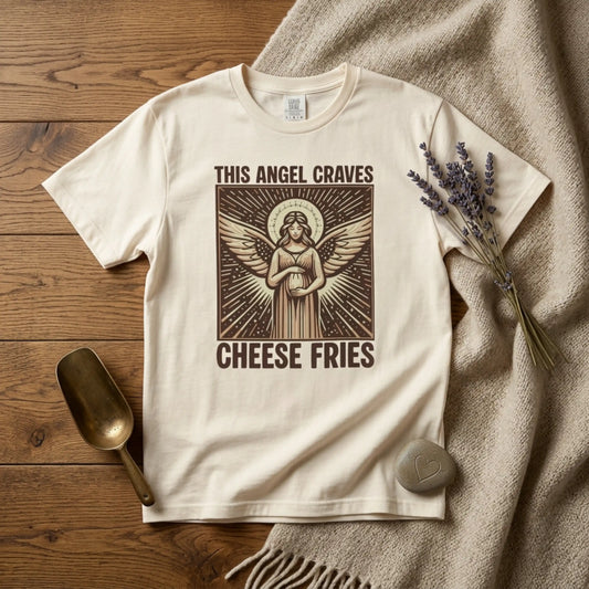 "This Angel Craves Cheese Fries" T-Shirt — Vintage Pregnant Angel Graphic Tee