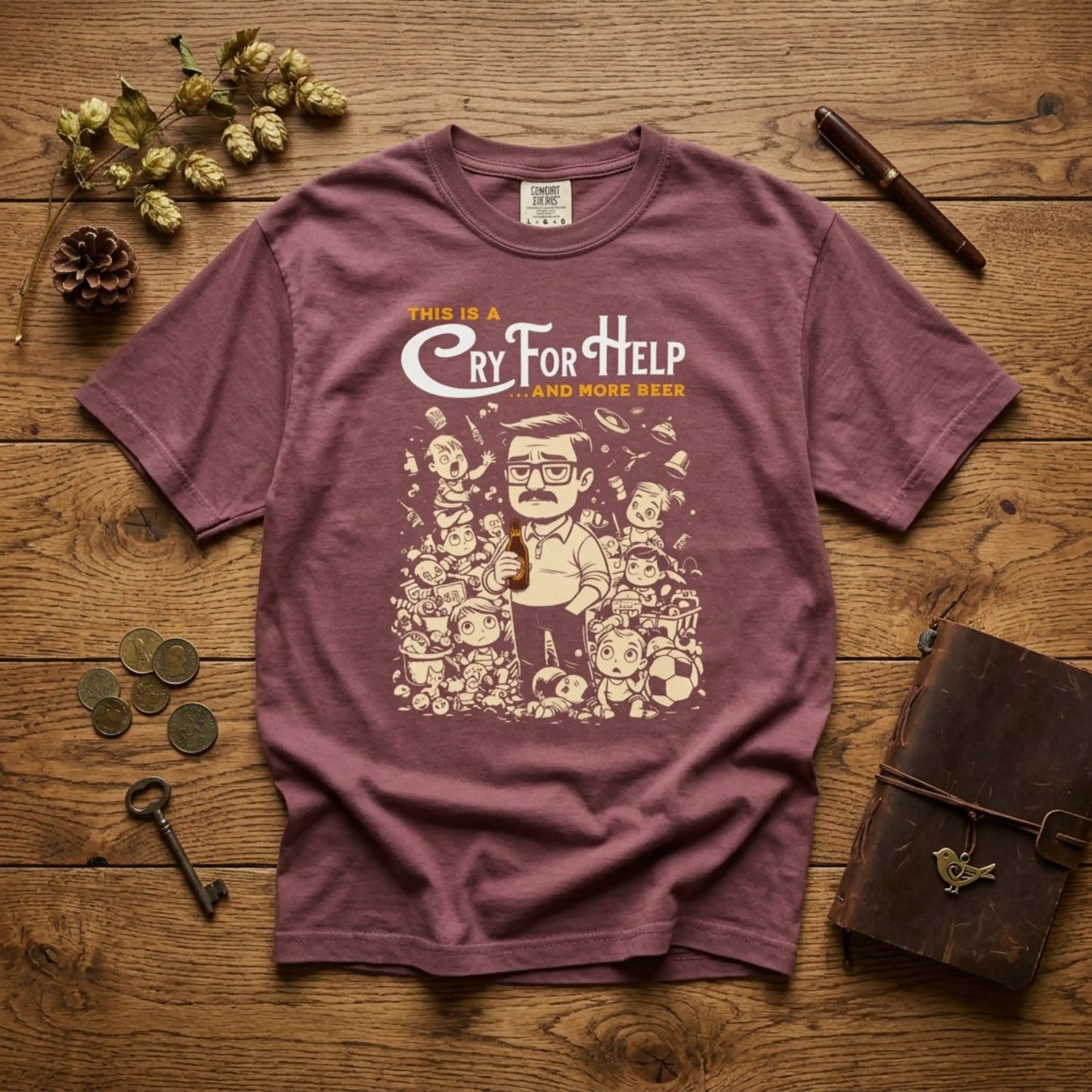 "This Is A Cry For Help ...and More Beer" T-Shirt — Cartoon Illustration Dad Tee