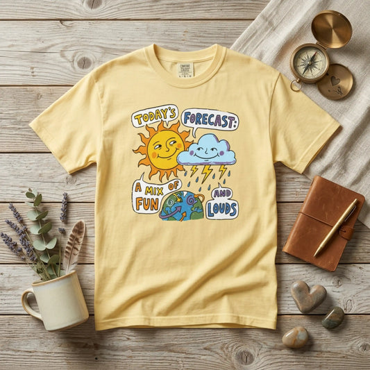 "Today's Forecast: A Mix of Fun and Louds" Tee — Playful Weather Cartoon T-Shirt