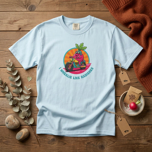 “Wheelie Like Radishes” T-Shirt —  Retro Radish Lover Vegan Cycling Graphic Tee