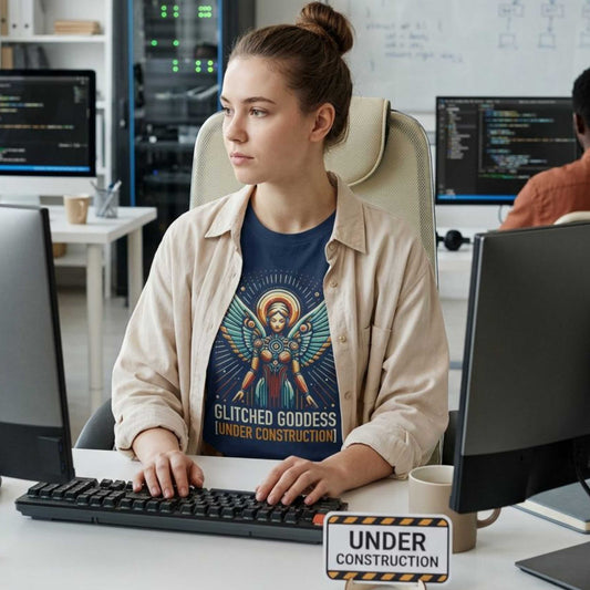 "Glitched Goddess (Under Construction)" T-Shirt — Unhinged Attitude Retro Sci‑Fi Graphic Tee