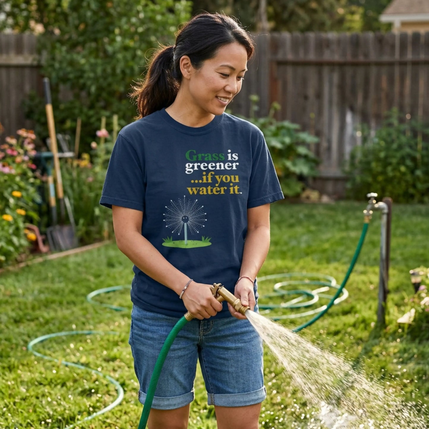 "Grass Is Greener ...if you Water it" T-Shirt — Lawn Care Garden Lover Tee