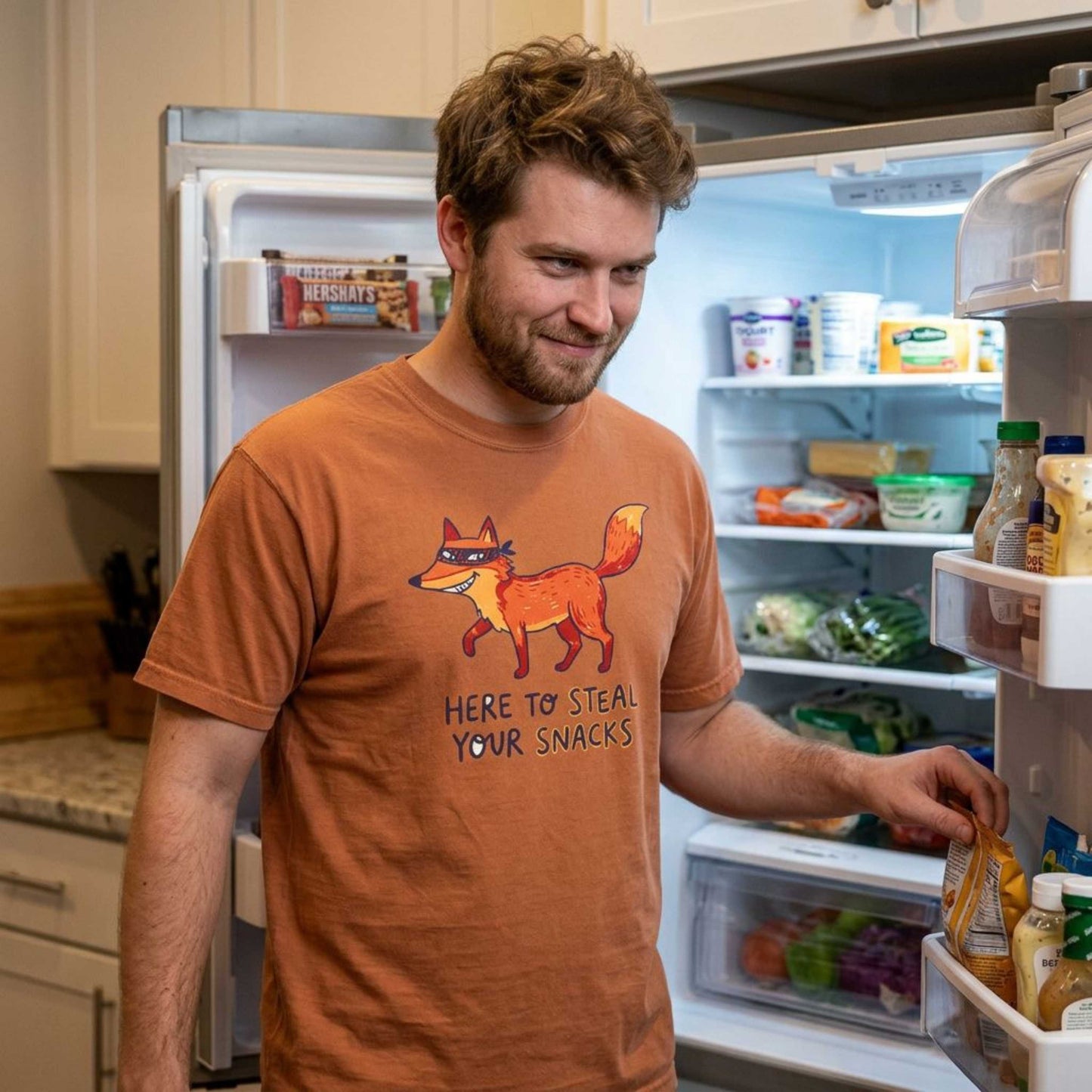 "Here to Steal Your Snacks" Graphic T-Shirt — Cute Snack Thief Fox Tee