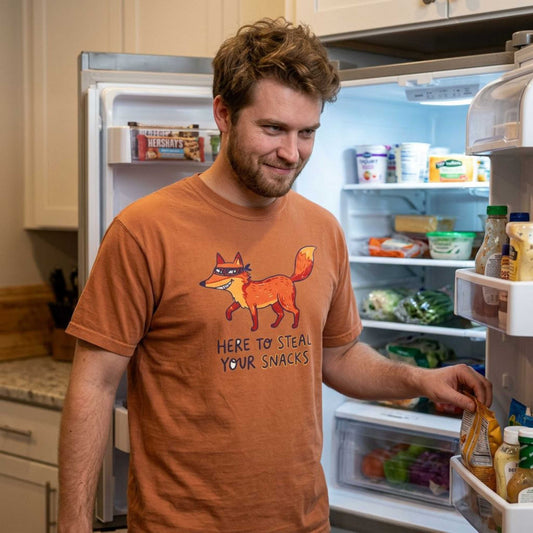 "Here to Steal Your Snacks" Graphic T-Shirt — Cute Snack Thief Fox Tee