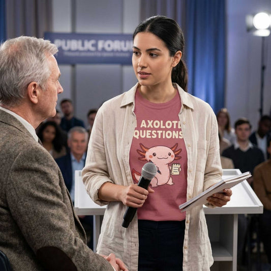 "I Axolotl Questions" T-Shirt — Cute Cartoon Reporter Student Graphic Tee