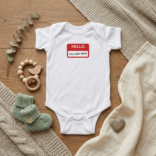 "Hello ❤︎ I'm New Here" Baby Bodysuit - Newborn Welcome Onesie