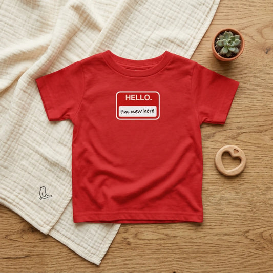 "Hello ❤︎ I'm New Here" Infant Tee — Name Tag Baby Shirt