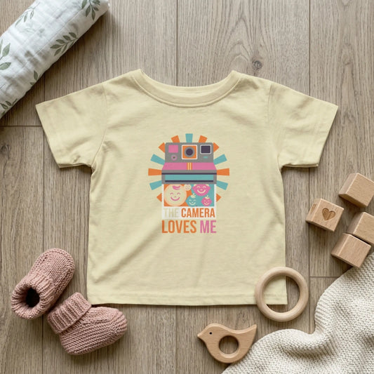 "Camera Loves Me" Infant Tee - Cute Retro Baby T-Shirt, Newborn Photography Outfit