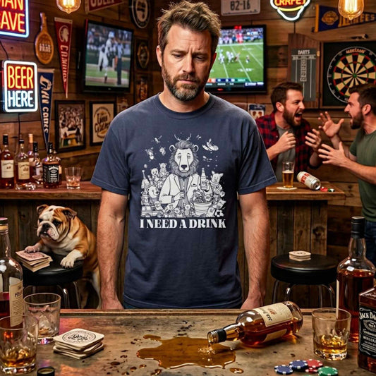 I Need A Drink T-Shirt — Funny Lion Bartender Gentleman Father Graphic Tee