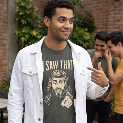 "I Saw That" Jesus Pointing T-Shirt — Funny Religious Faith Graphic Tee