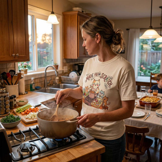 "Made From Scratch" T-Shirt - Cat Family Cooking Kittens Kitchen Mom Illustration Tee