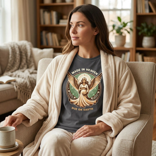 "Made in Heaven, Due on Earth" Angel Graphic T-Shirt — Vintage Expecting Mother Tee