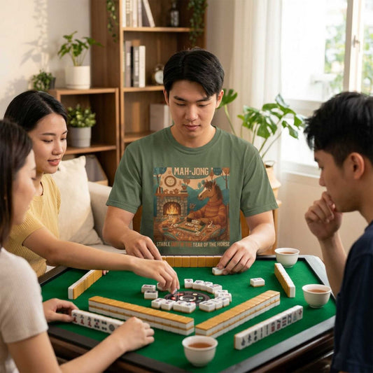 “Mah-Jong: A Stable Diet in the Year of the Horse” T-Shirt — Retro Cozy Mahjong Horse Design
