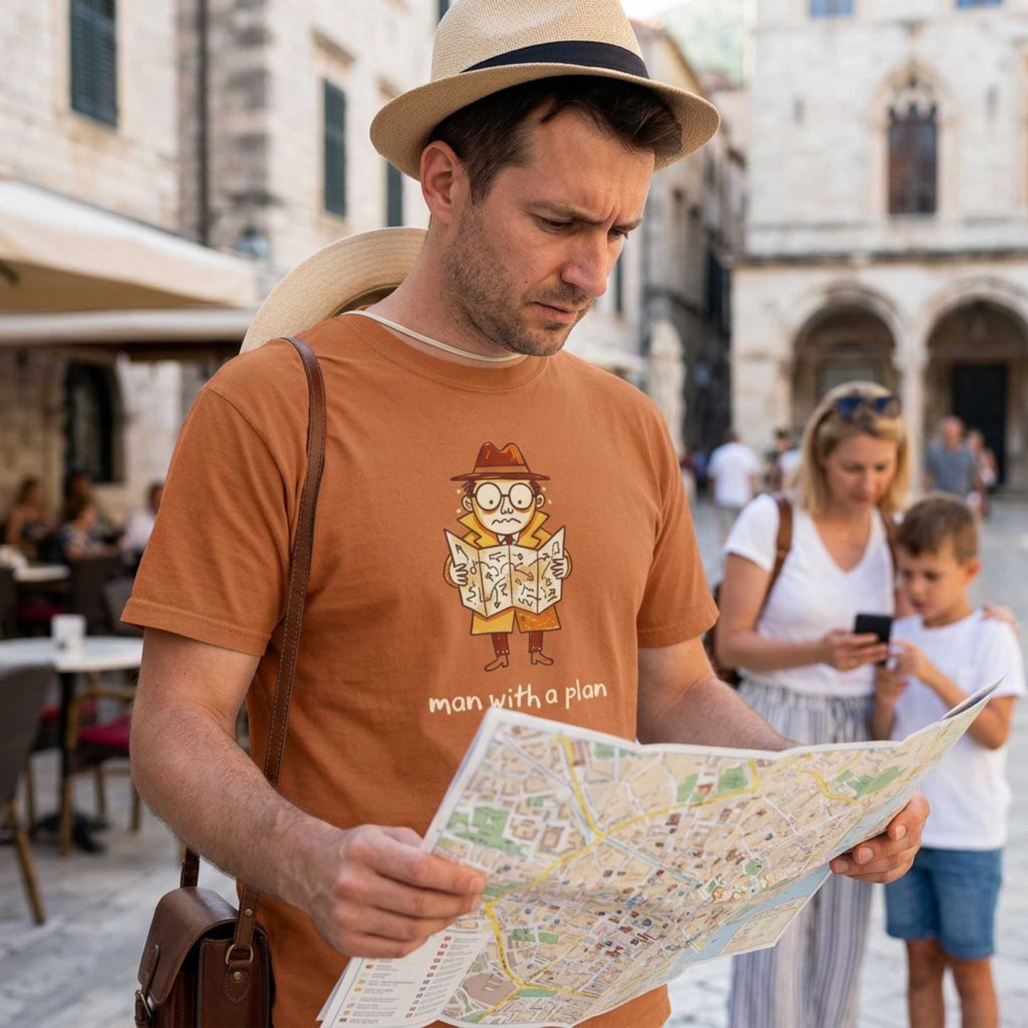 Man With a Plan T-Shirt — Cute Confused Detective Map Graphic Tee