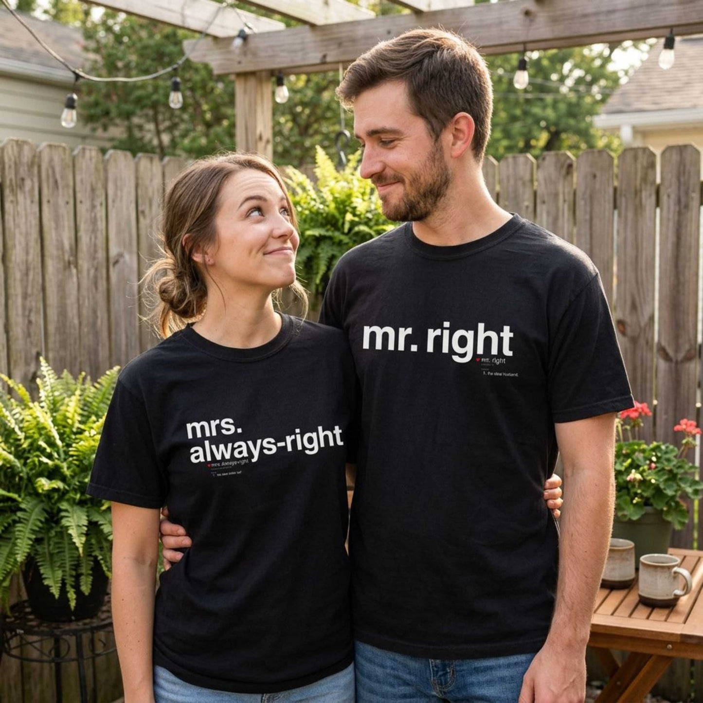 Mr. Right Couples Tee — "mr. right" Front Text with Nutrition Facts Back Graphic T-Shirt