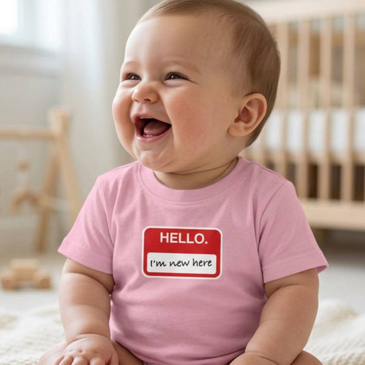 "Hello ❤︎ I'm New Here" Infant Tee — Name Tag Baby Shirt