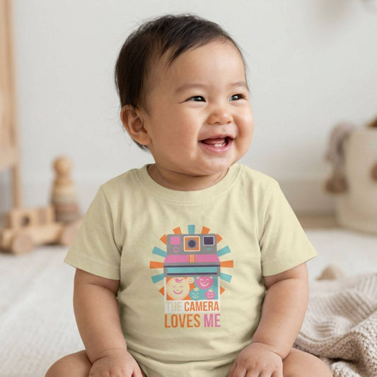 "Camera Loves Me" Infant Tee - Cute Retro Baby T-Shirt, Newborn Photography Outfit