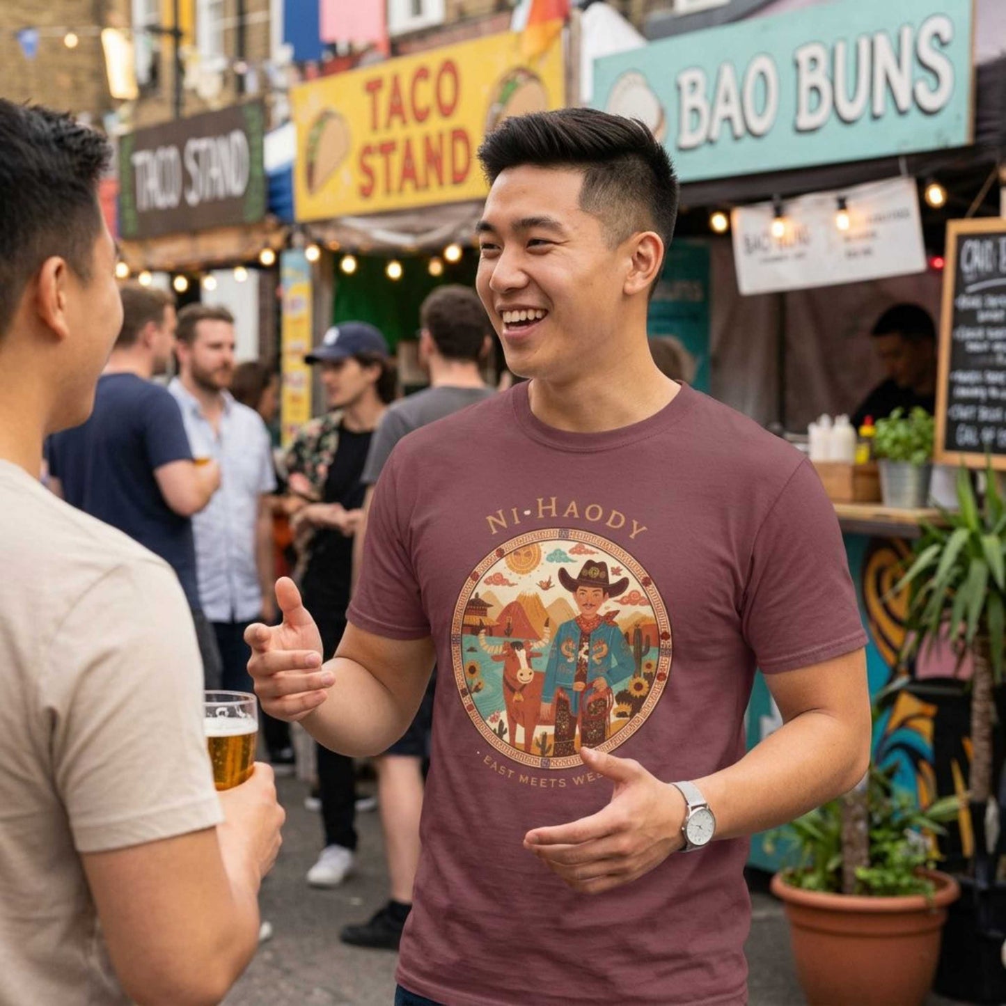 "Ni-Haody. Easts Meets West" Asian Cowboy Camp Graphic T-Shirt — Western Illustration Tee