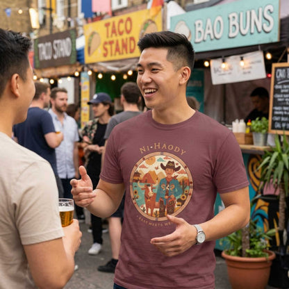 "Ni-Haody. Easts Meets West" Asian Cowboy Camp Graphic T-Shirt — Western Illustration Tee