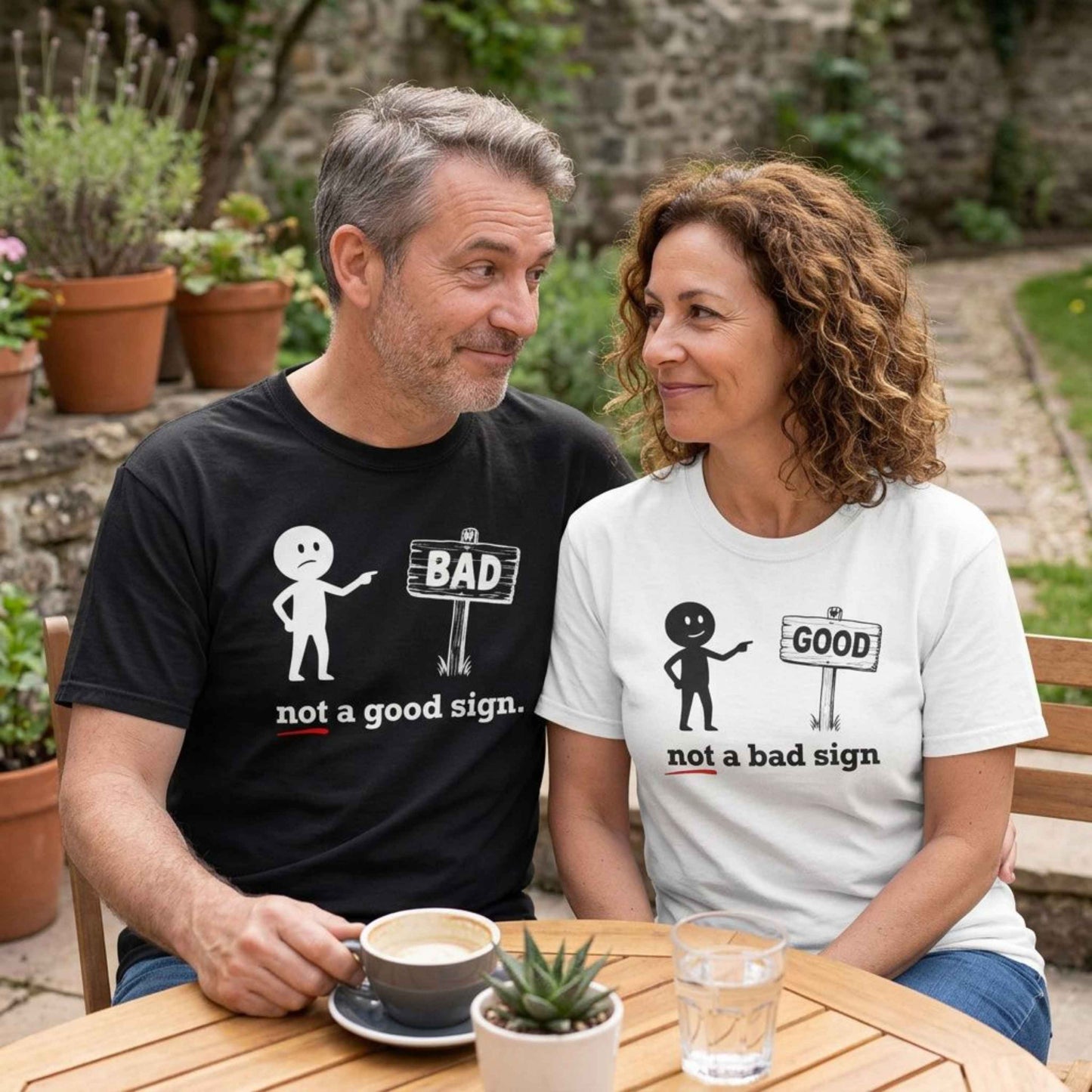 "Not a Bad Sign" Couples Tee  - Funny Stick Figure Good Premonition Graphic T-Shirt