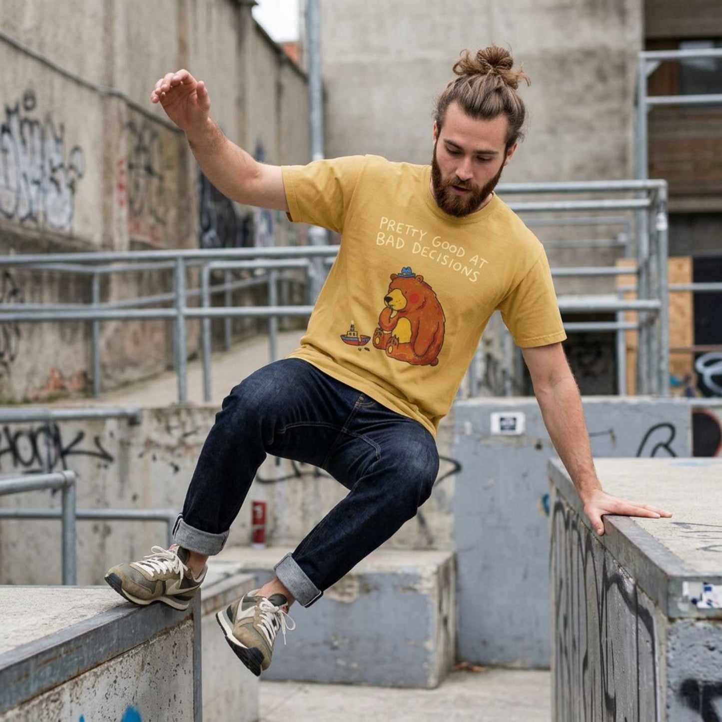 'Pretty Good at Bad Decisions' T-Shirt — Funny Bear Graphic Tee