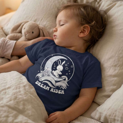"Dream Rider" Toddler Tee — Sleepy Bunny Moon Surfer Graphic T-Shirt