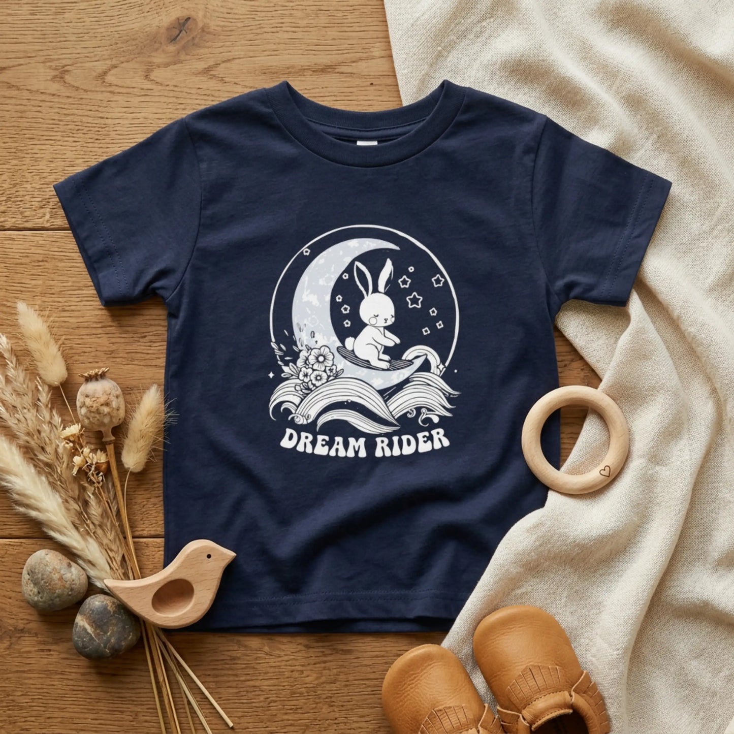 "Dream Rider" Toddler Tee — Sleepy Bunny Moon Surfer Graphic T-Shirt