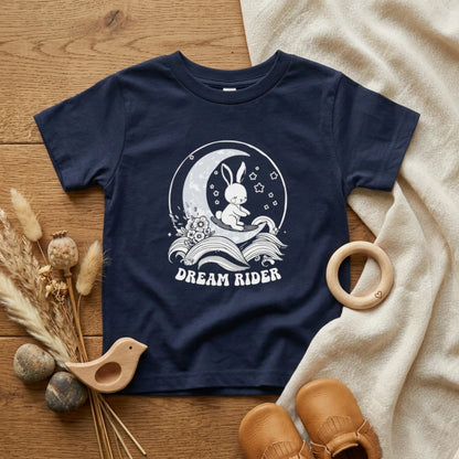 "Dream Rider" Toddler Tee — Sleepy Bunny Moon Surfer Graphic T-Shirt