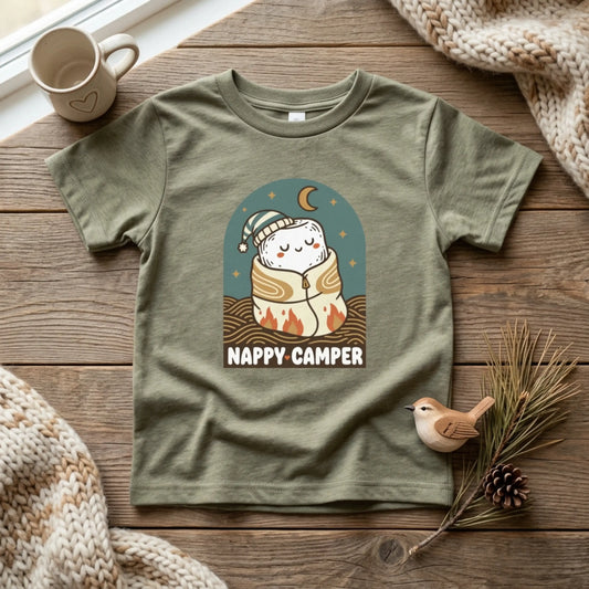 "Nappy Camper" Toddler Tee — Cute Sleeping Camper Graphic Shirt