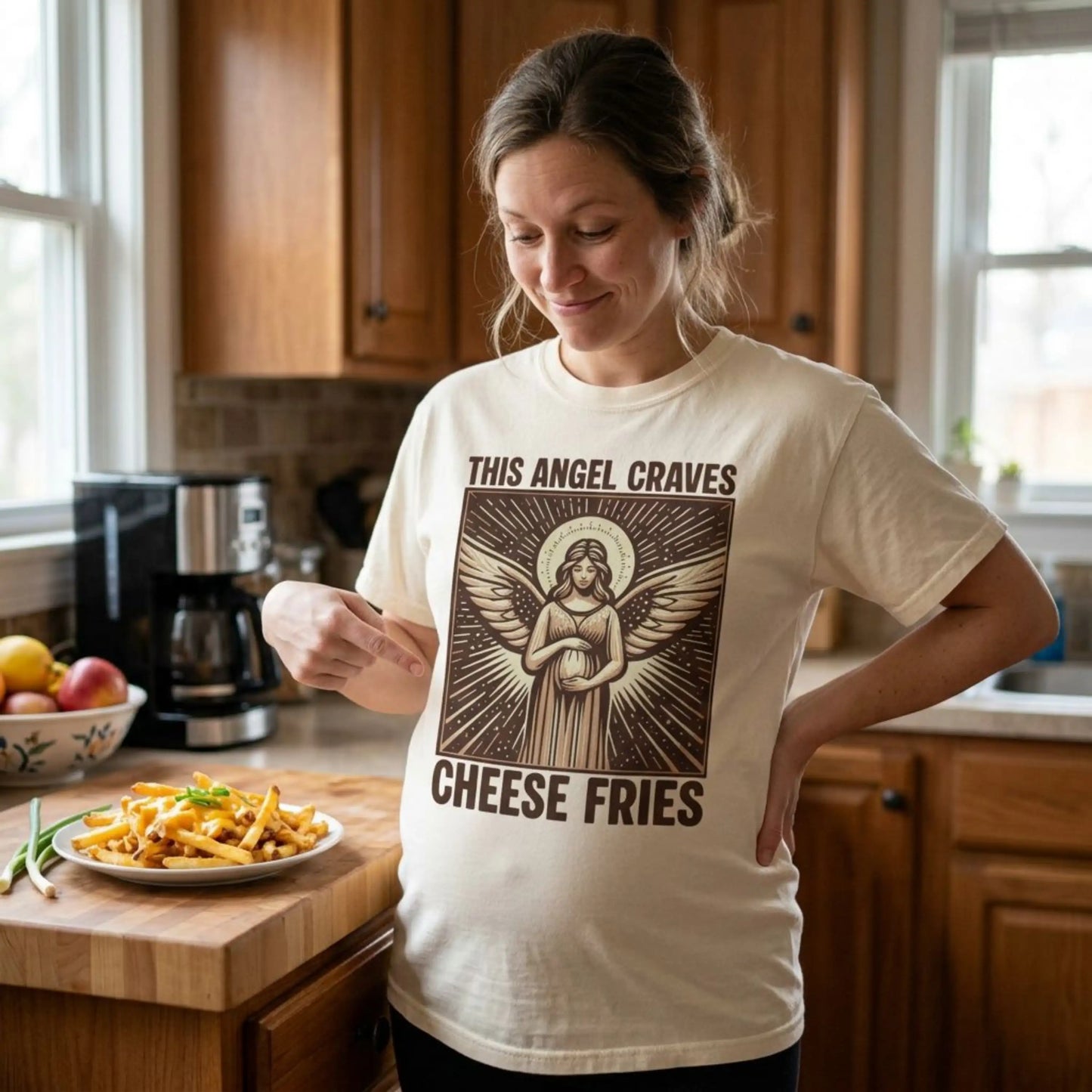 "This Angel Craves Cheese Fries" T-Shirt — Vintage Pregnant Angel Graphic Tee