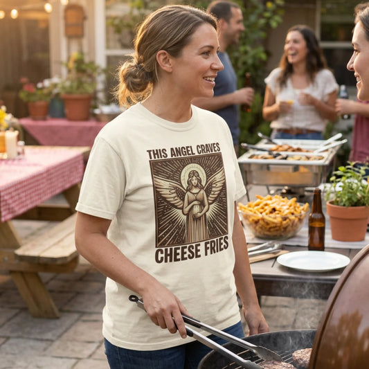 "This Angel Craves Cheese Fries" T-Shirt — Vintage Pregnant Angel Graphic Tee