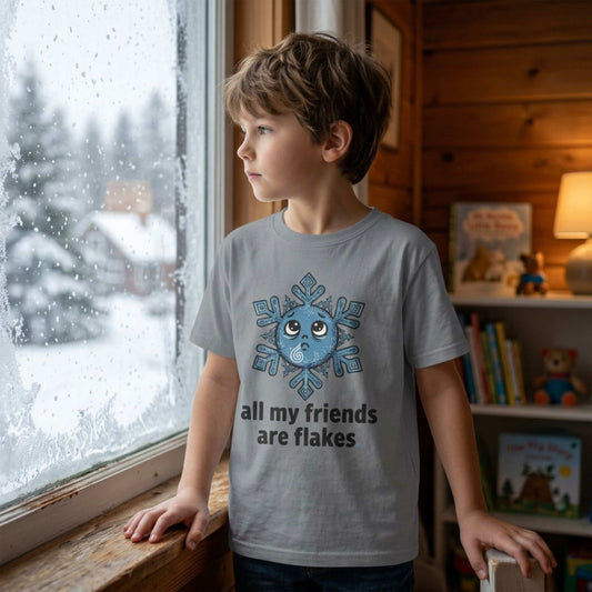 "All my friends are flakes" Youth Tee — Cute Snowflake Graphic Kids T-Shirt