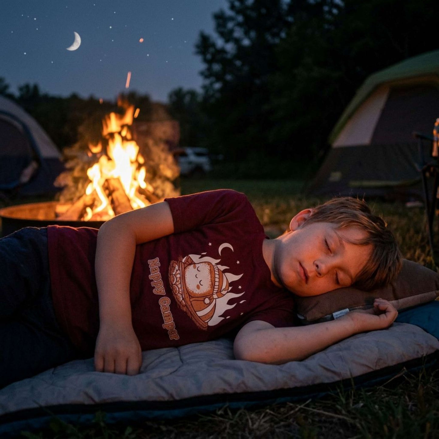 "Nappy Camper" Youth Tee — Cute Sleeping Marshmallow Camping T-Shirt