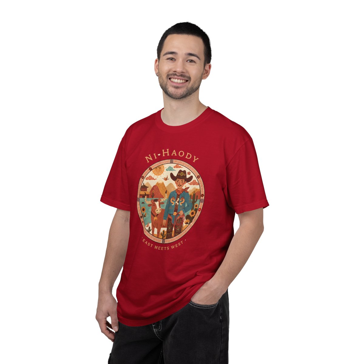 "Ni-Haody. Easts Meets West" Asian Cowboy Camp Graphic T-Shirt — Western Illustration Tee