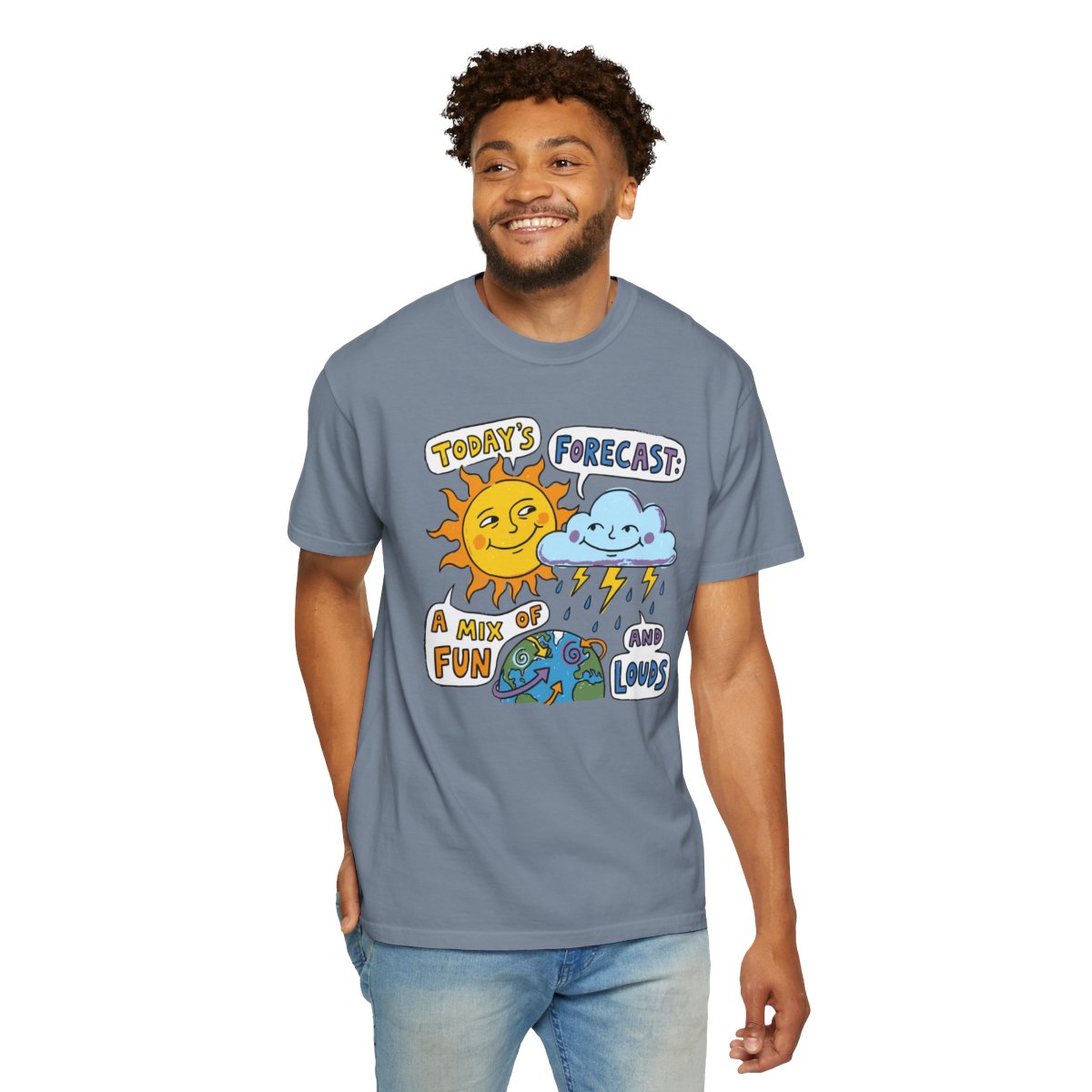 "Today's Forecast: A Mix of Fun and Louds" Tee — Playful Weather Cartoon T-Shirt